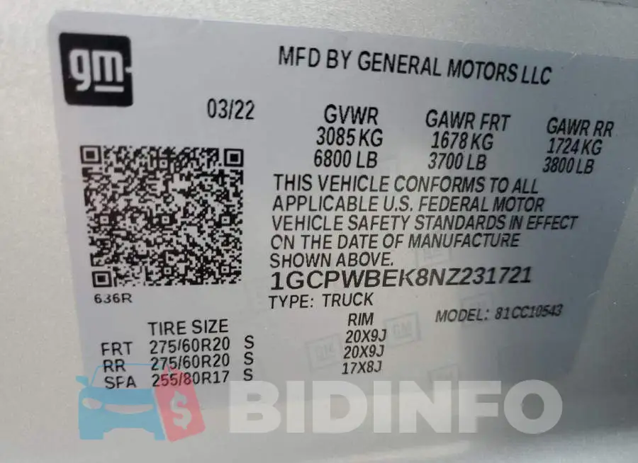 1GCPWBEK8NZ231721 Photo# 12