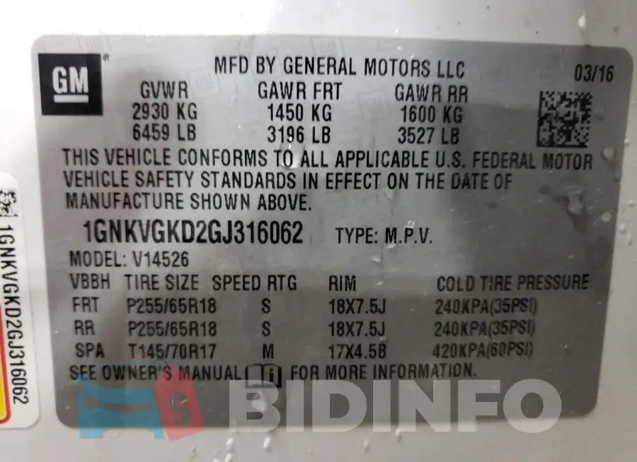 1GNKVGKD2GJ316062 Photo# 14