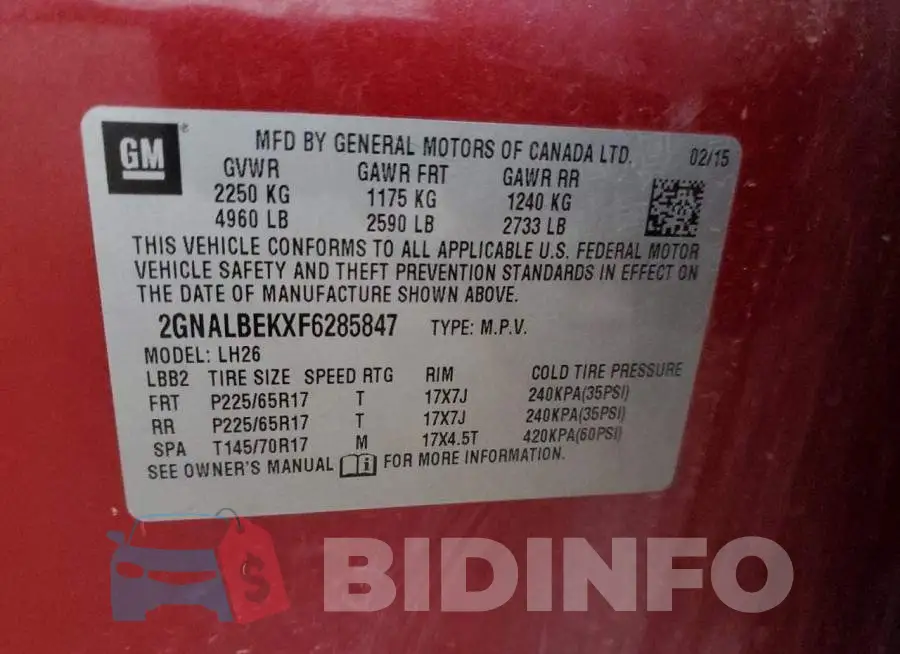 2GNALBEKXF6285847 Photo# 13