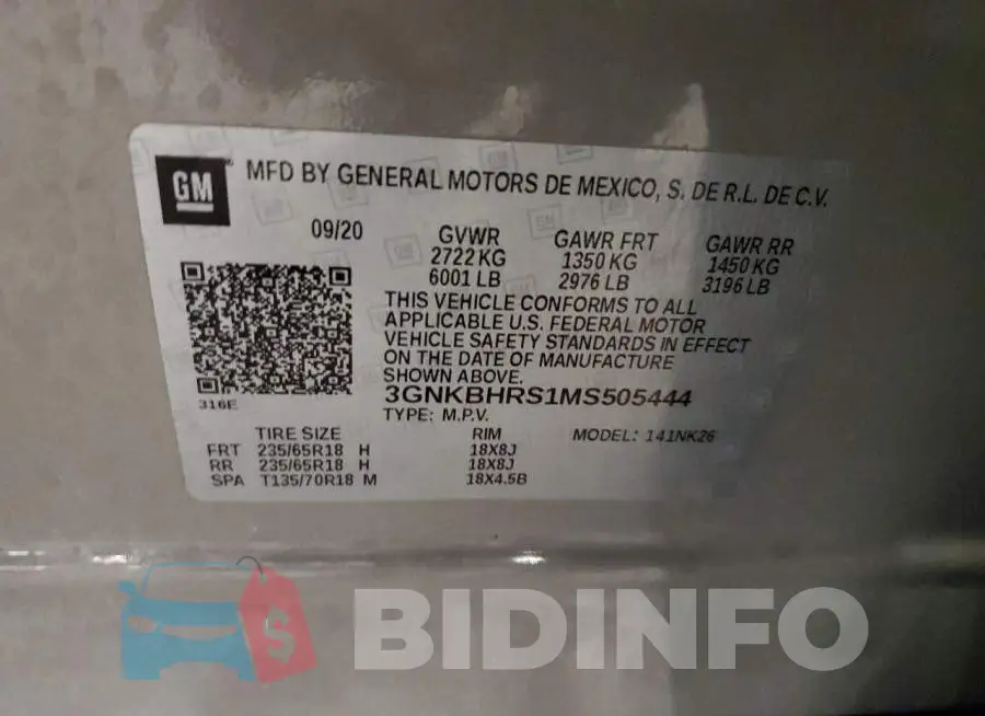 3GNKBHRS1MS505444 Photo# 13