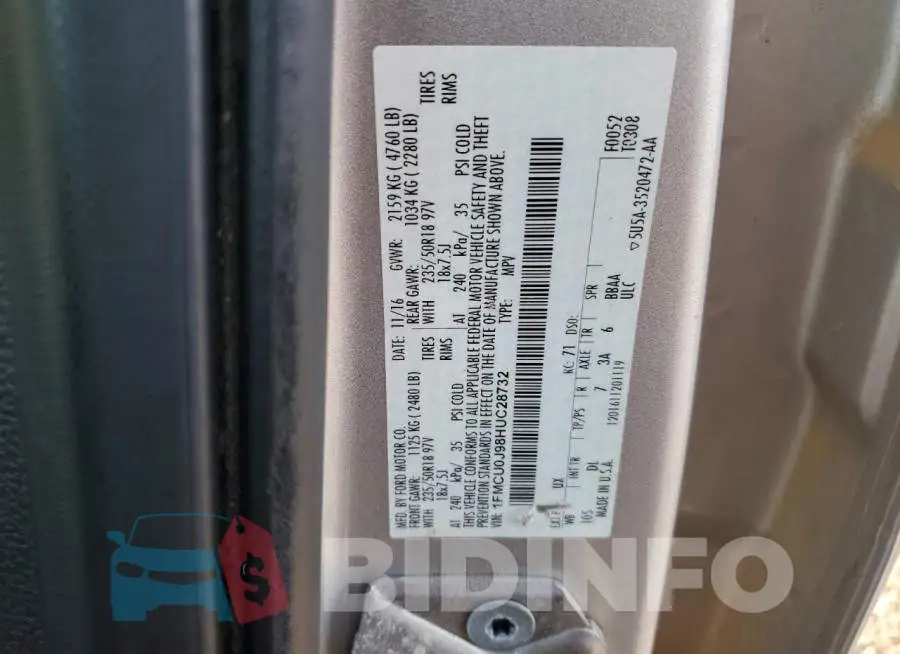 1FMCU0J98HUC28732 Photo# 12