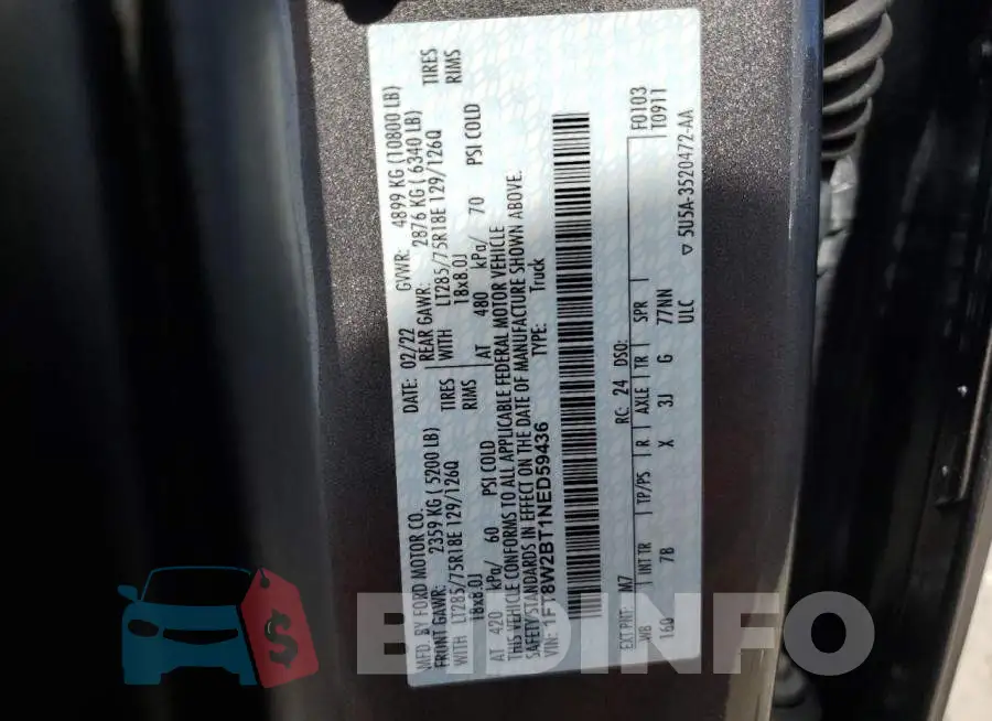 1FT8W2BT1NED59436 Photo# 12