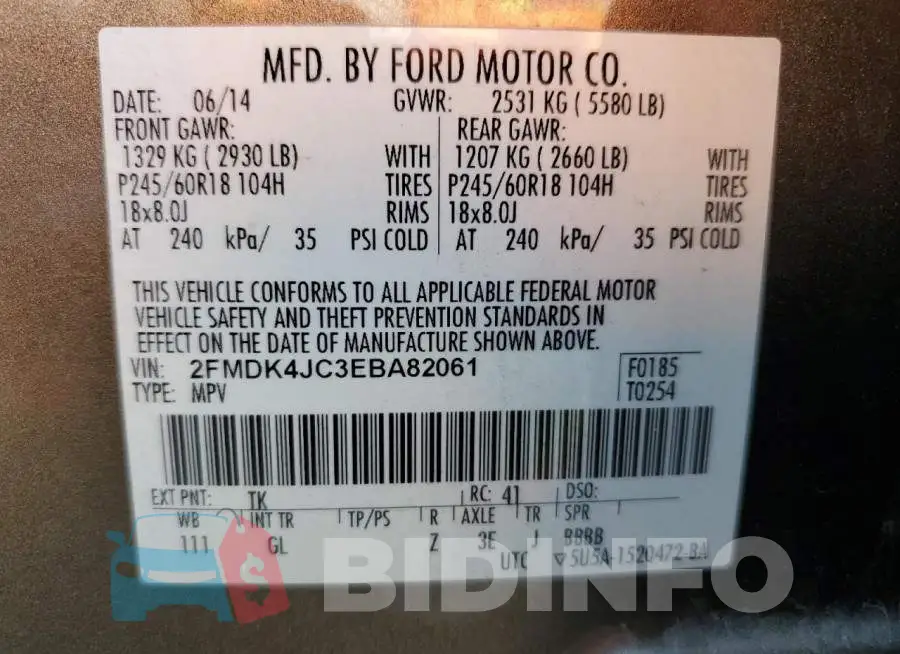 2FMDK4JC3EBA82061 Photo# 13