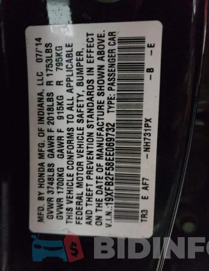 19XFB2F58EE069732 Photo# 12
