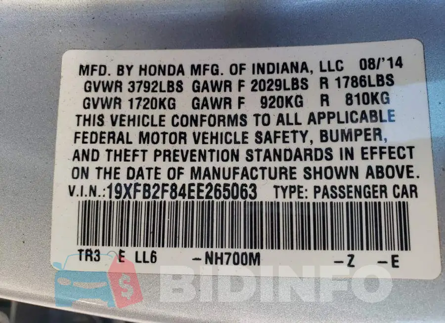 19XFB2F84EE265063 Photo# 12