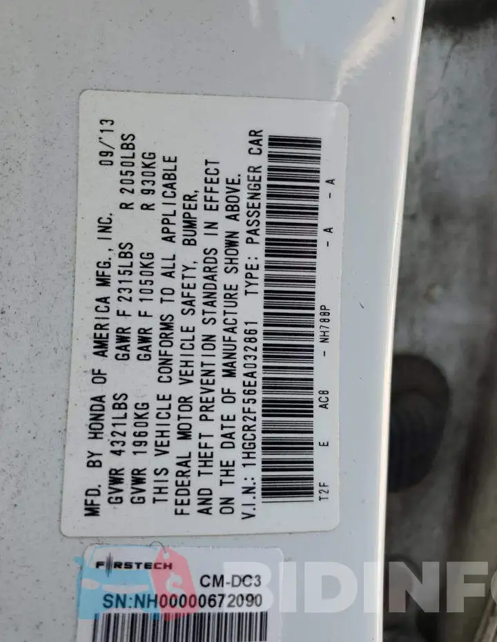 1HGCR2F56EA032861 Photo# 12