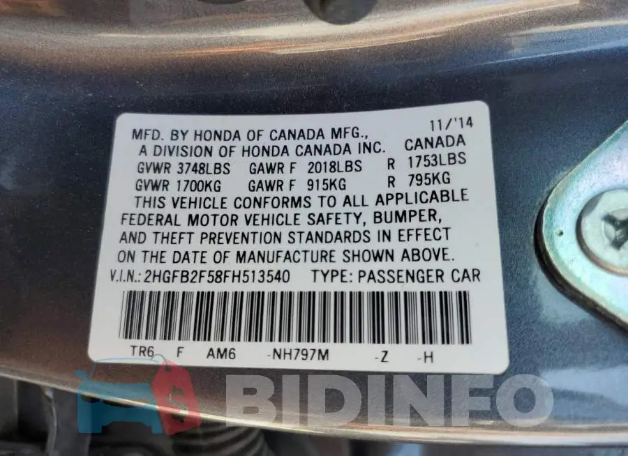 2HGFB2F58FH513540 Photo# 13