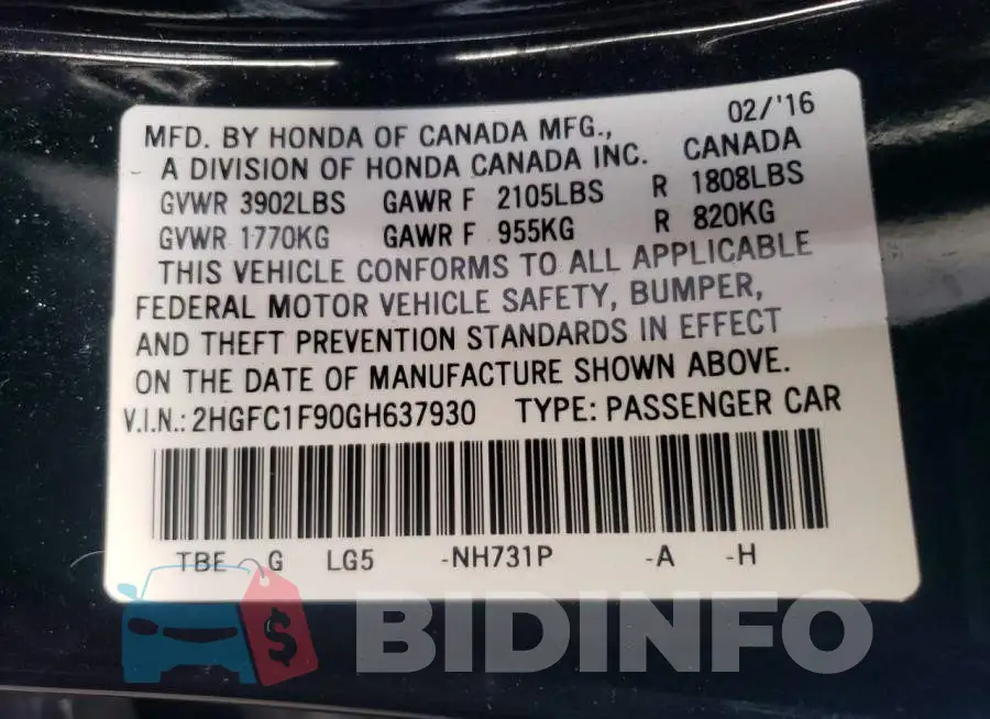 2HGFC1F90GH637930 Photo# 12