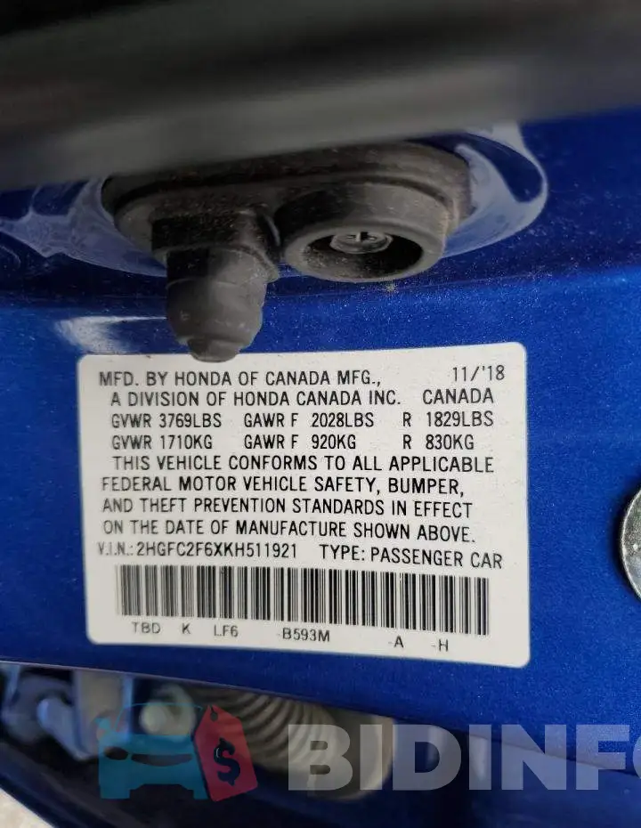 2HGFC2F6XKH511921 Photo# 12