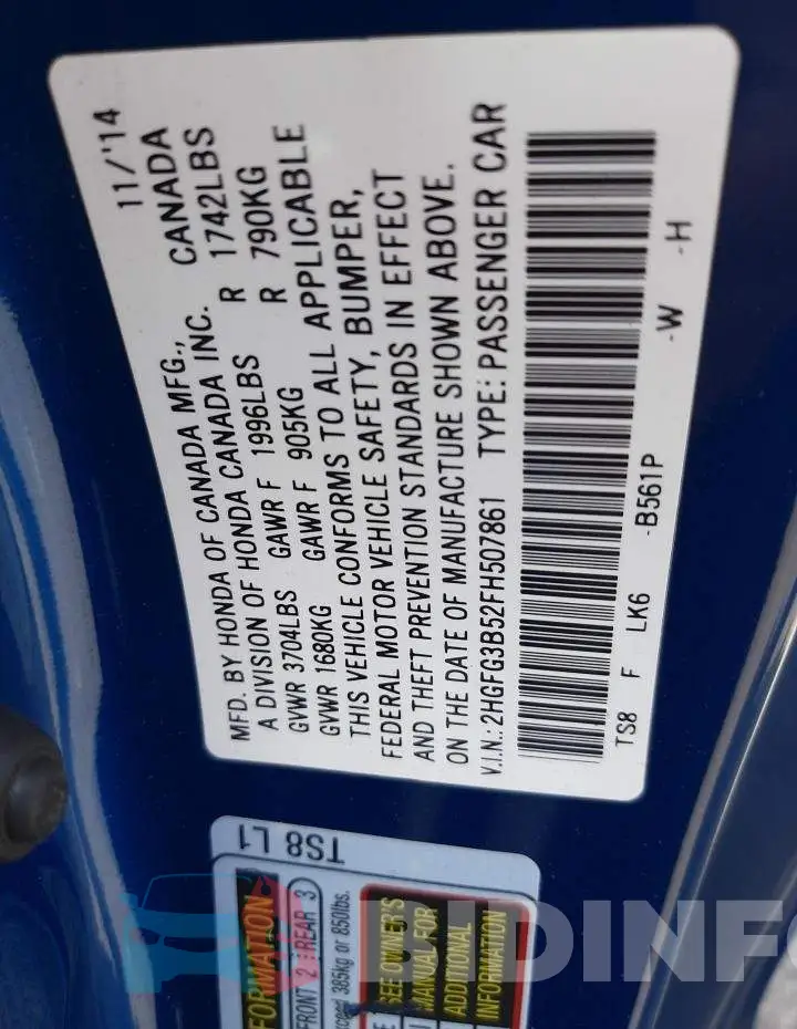2HGFG3B52FH507861 Photo# 12