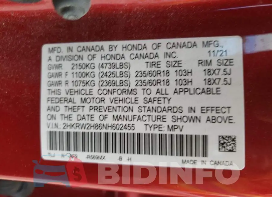 2HKRW2H86NH602455 Photo# 13