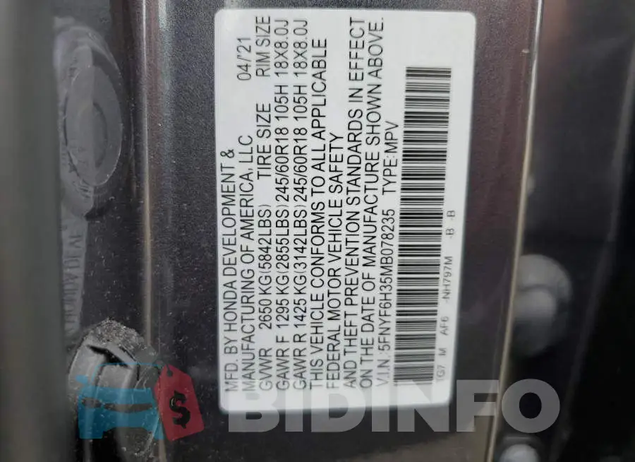 5FNYF6H35MB078235 Photo# 13