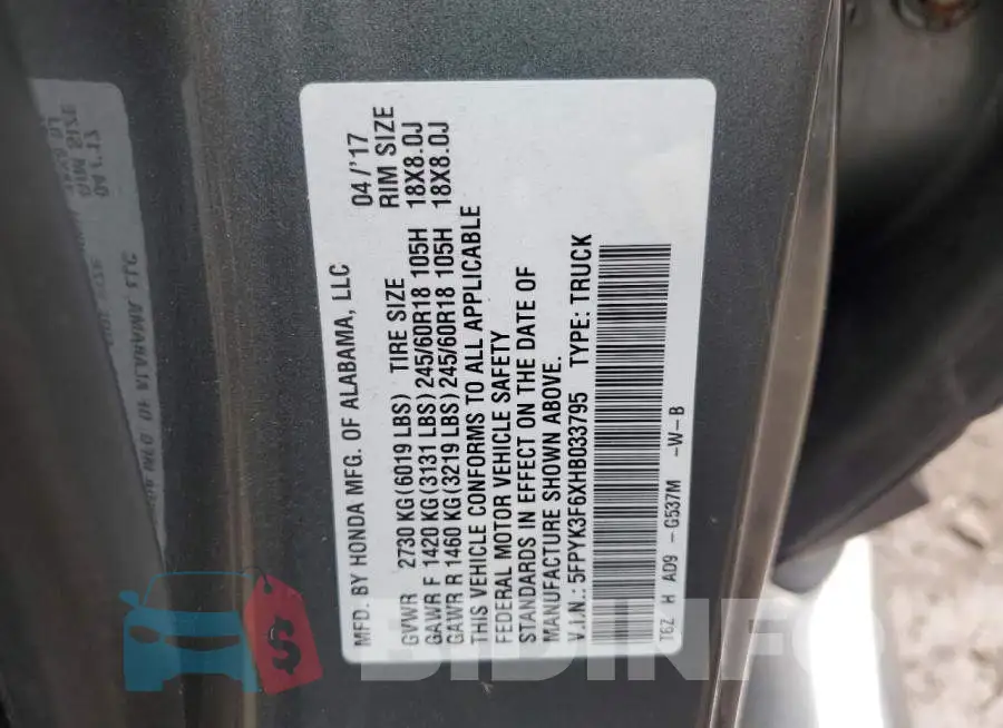 5FPYK3F6XHB033795 Photo# 13