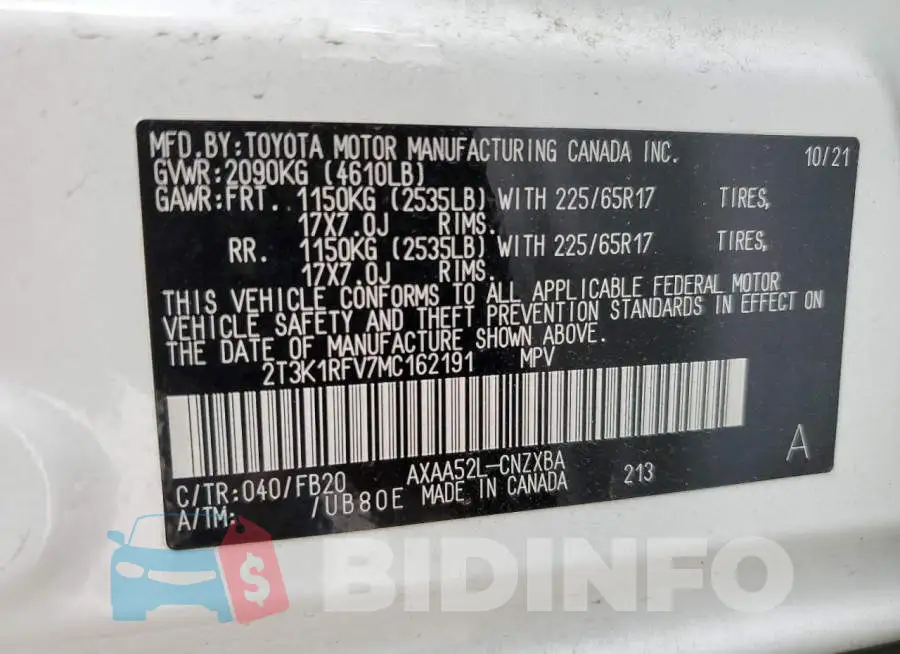 2T3K1RFV7MC162191 Photo# 13