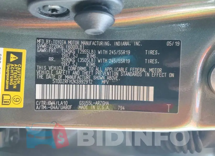 5TDDZRFH2KS992912 Photo# 14