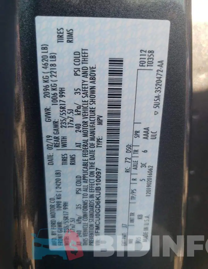1FMCU0GD6KUB10097 Photo# 13