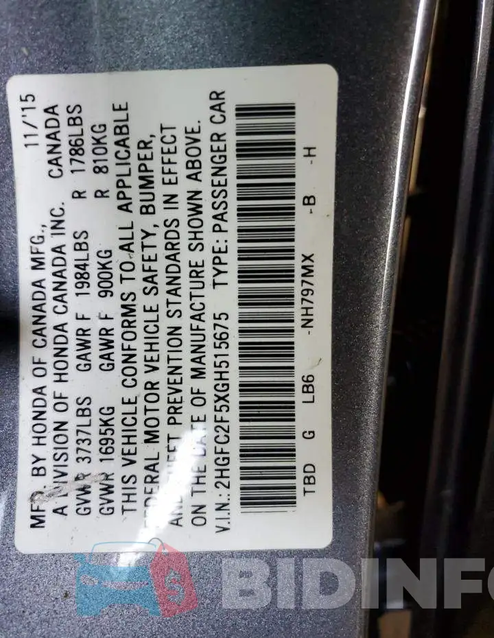 2HGFC2F5XGH515675 Photo# 12