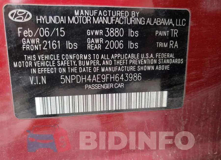 5NPDH4AE9FH643986 Photo# 13