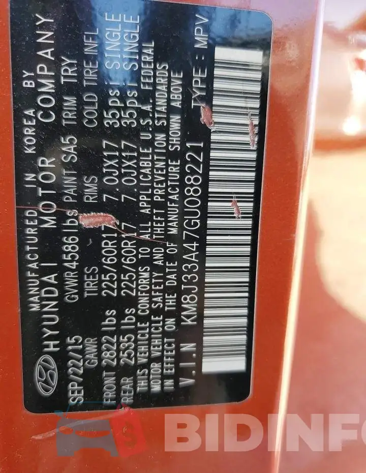 KM8J33A47GU088221 Photo# 12