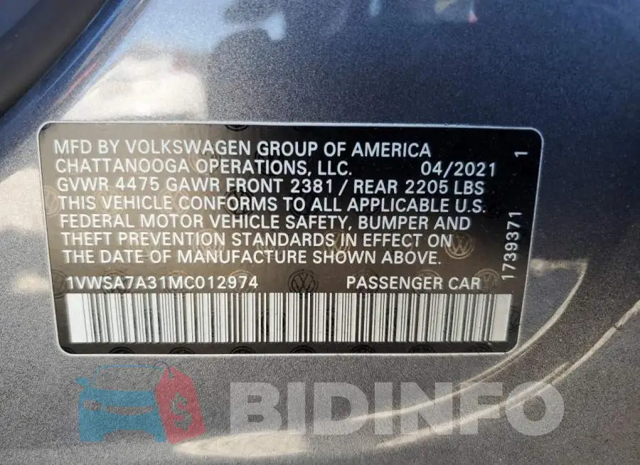 1VWSA7A31MC012974 Photo# 12