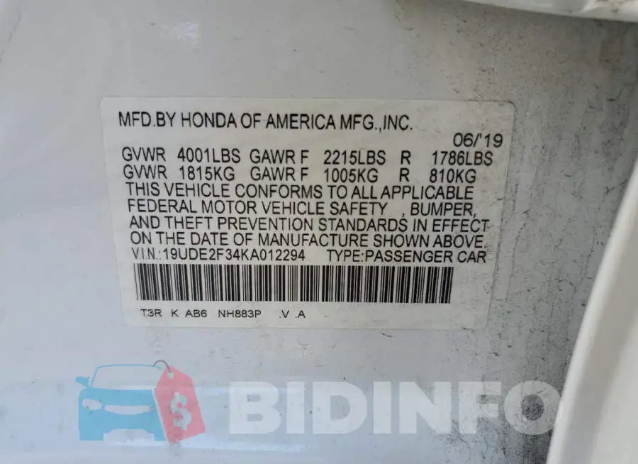 19UDE2F34KA012294 Photo# 12