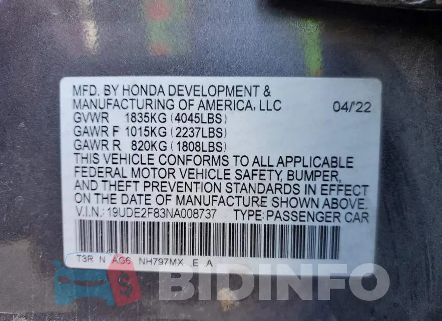 19UDE2F83NA008737 Photo# 12