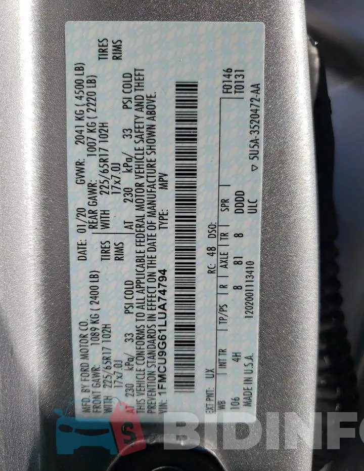 1FMCU9G61LUA74794 Photo# 13