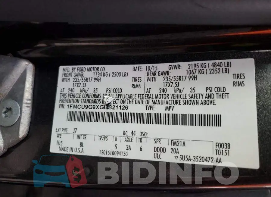 1FMCU9G9XGUB21126 Photo# 13