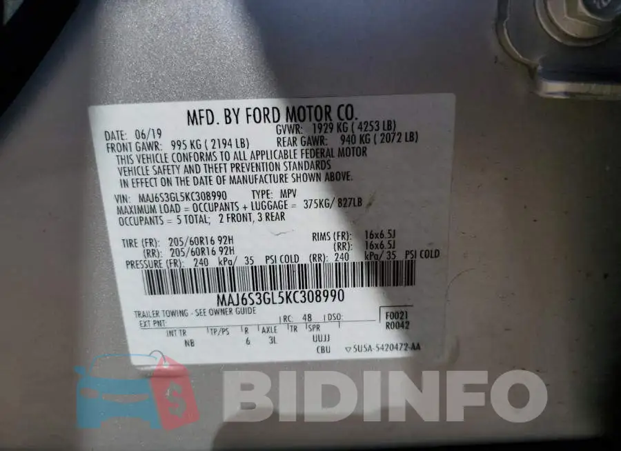 MAJ6S3GL5KC308990 Photo# 13