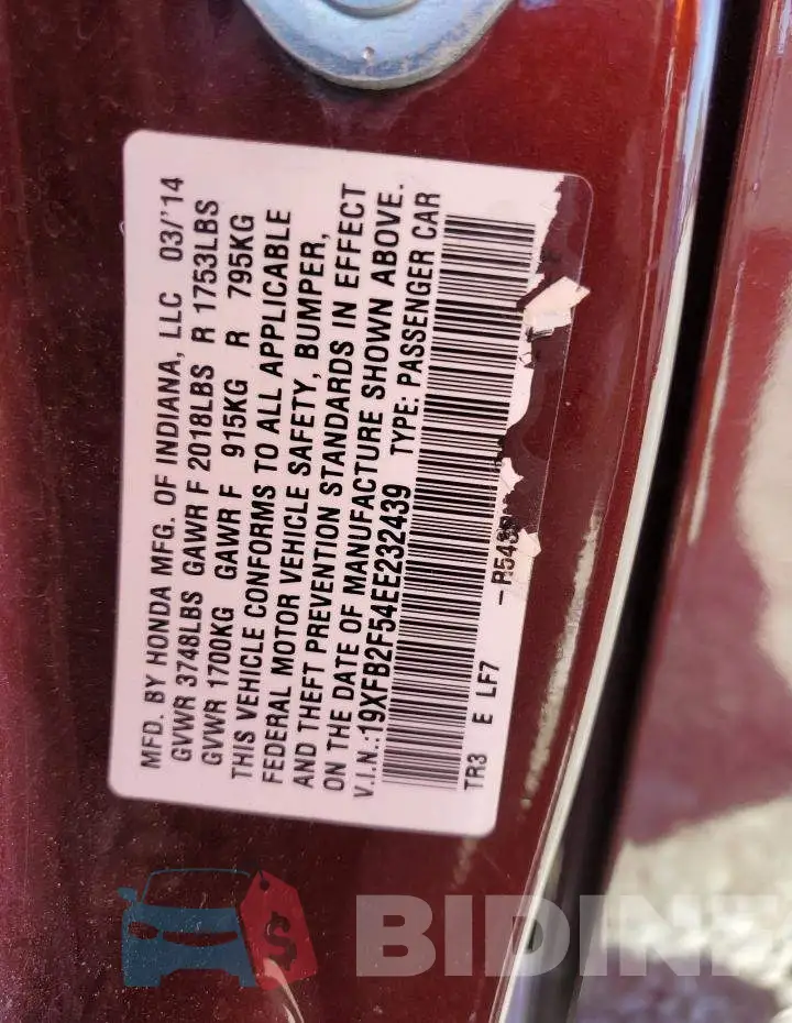 19XFB2F54EE232439 Photo# 13