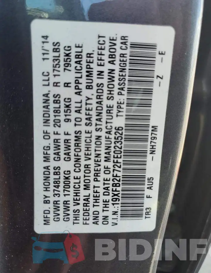 19XFB2F72FE023526 Photo# 12