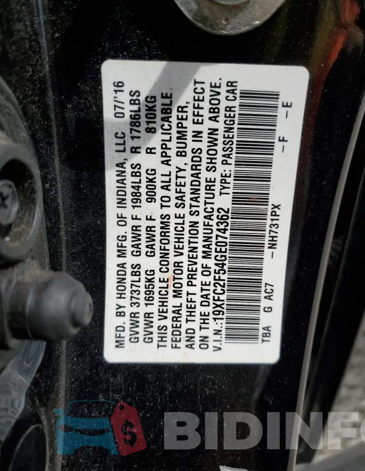 19XFC2F54GE074362 Photo# 12