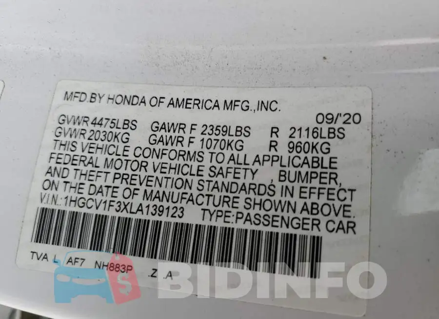 1HGCV1F3XLA139123 Photo# 12