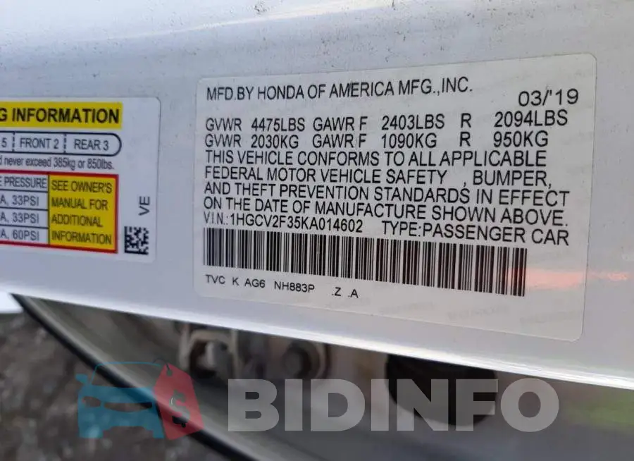 1HGCV2F35KA014602 Photo# 13