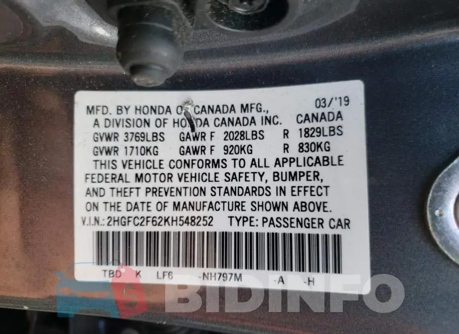 2HGFC2F62KH548252 Photo# 12