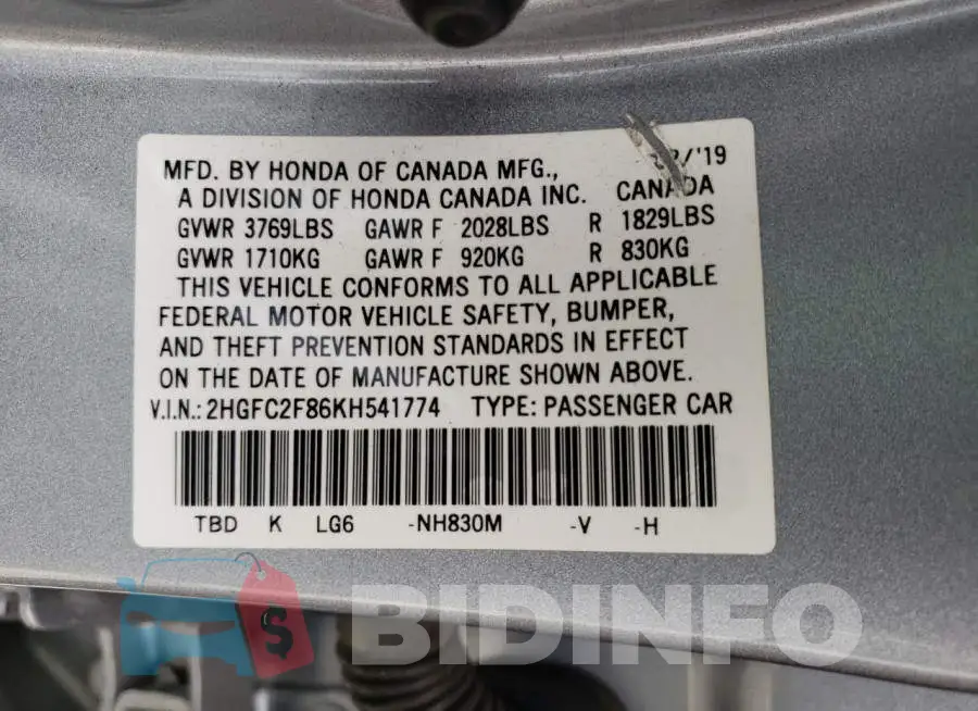 2HGFC2F86KH541774 Photo# 13