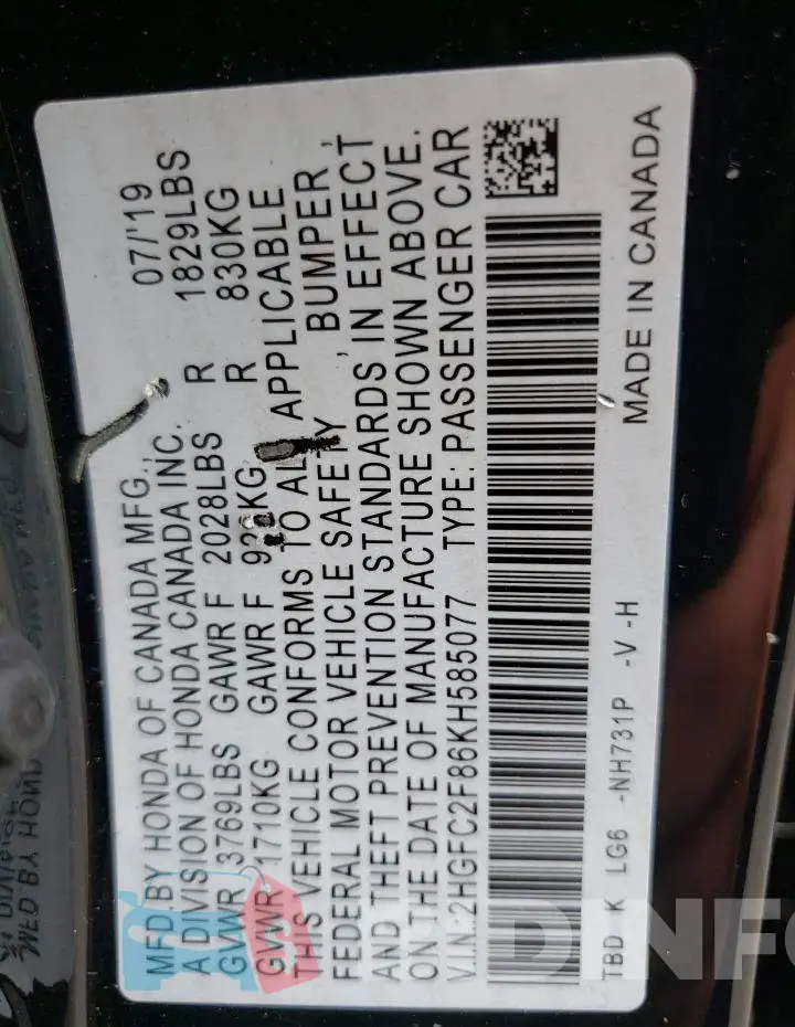 2HGFC2F86KH585077 Photo# 12
