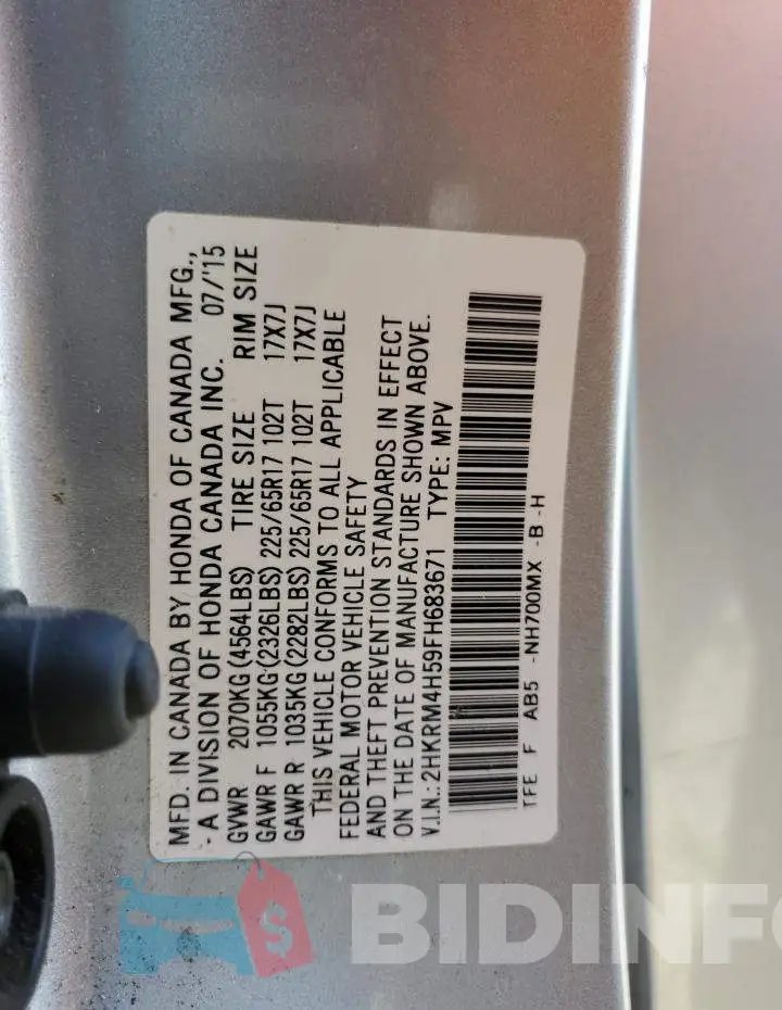 2HKRM4H59FH683671 Photo# 13