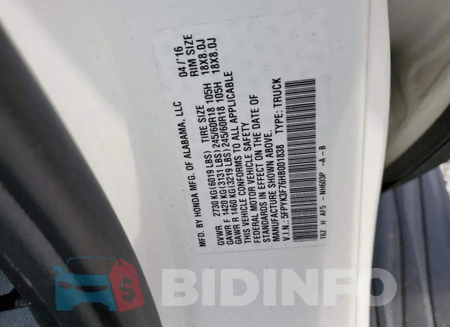 5FPYK3F76HB001838 Photo# 12