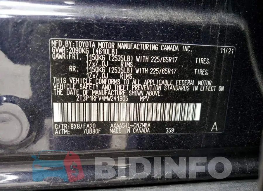 2T3P1RFV4MW241905 Photo# 12
