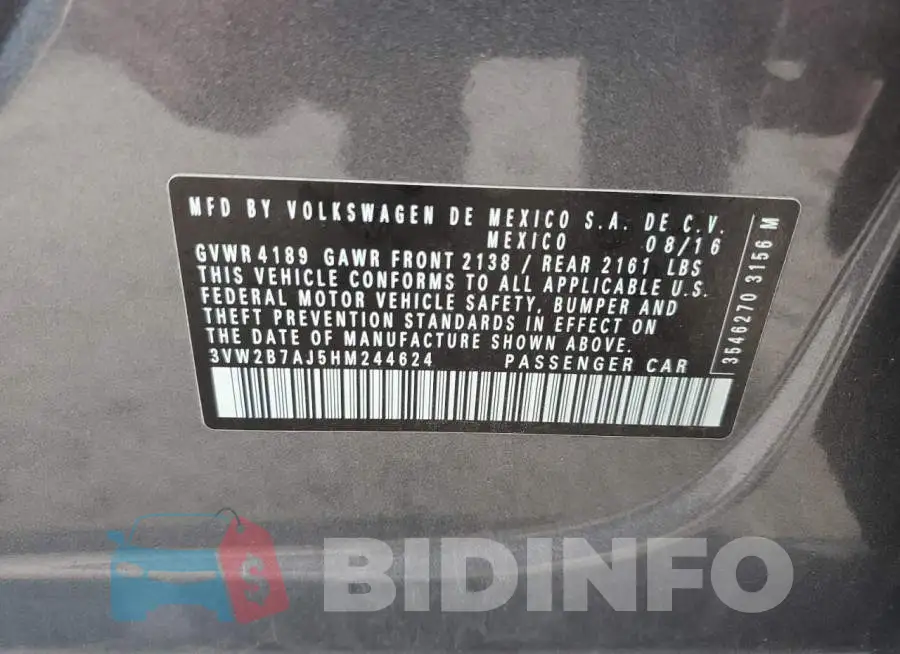 3VW2B7AJ5HM244624 Photo# 12
