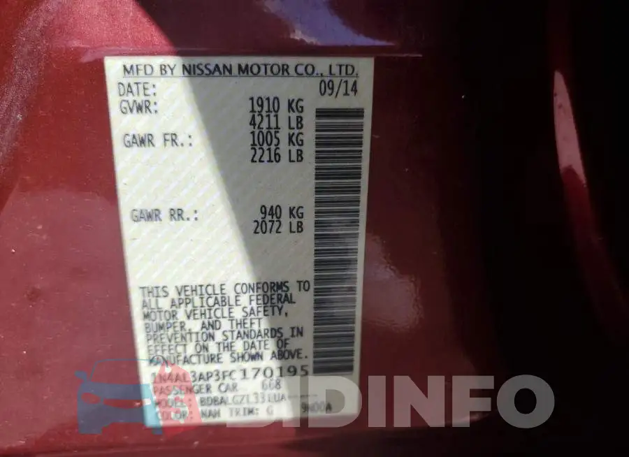 1N4AL3AP3FC170195 Photo# 12