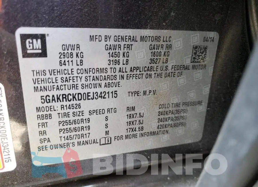 5GAKRCKD0EJ342115 Photo# 13