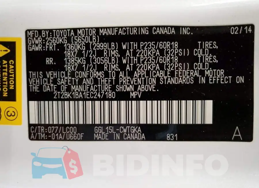 2T2BK1BA1EC247180 Photo# 13