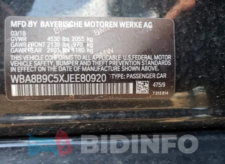 WBA8B9C5XJEE80920 Photo# 13