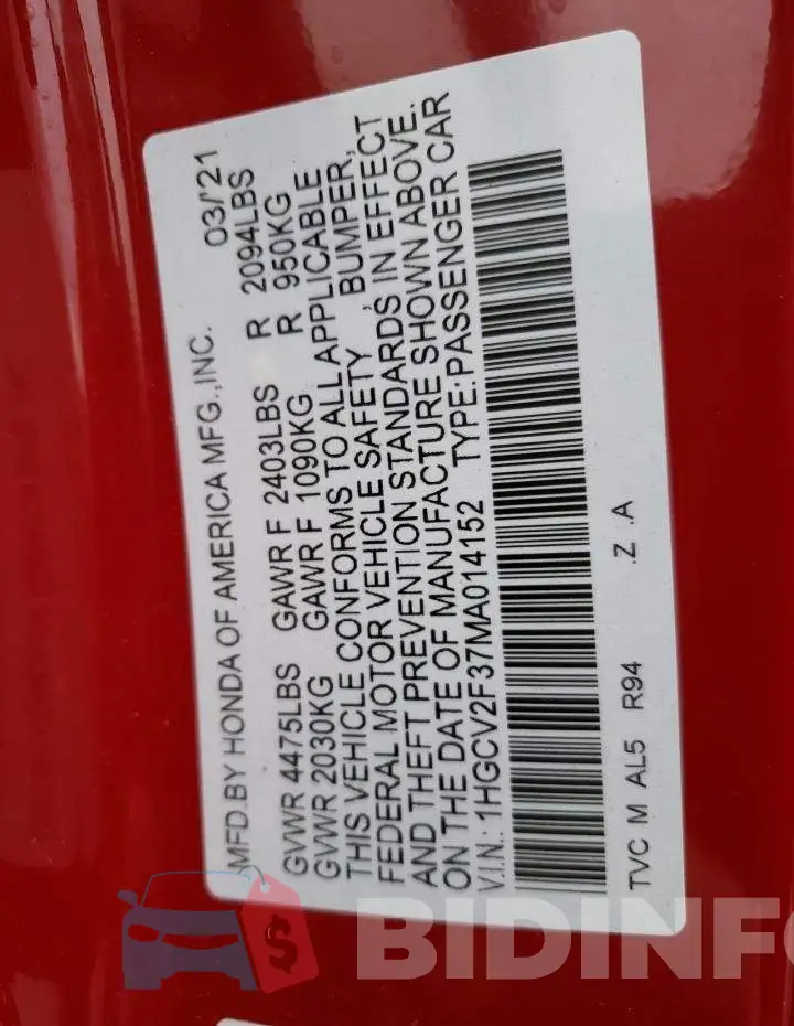 1HGCV2F37MA014152 Photo# 12