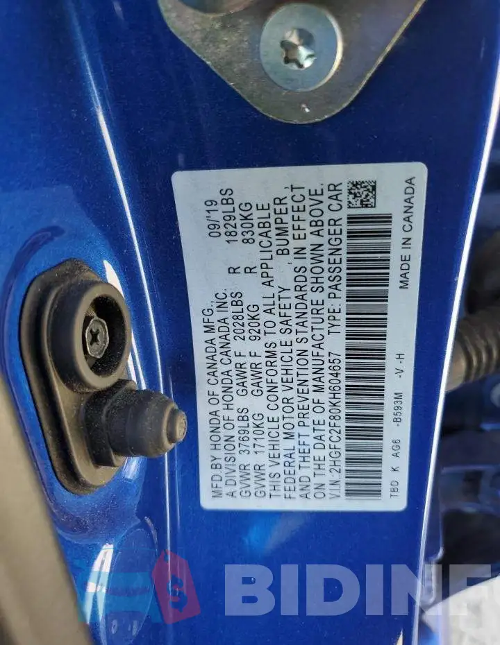2HGFC2F80KH604657 Photo# 12