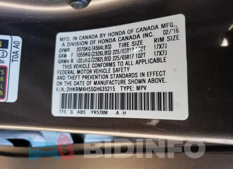 2HKRM4H55GH635215 Photo# 13