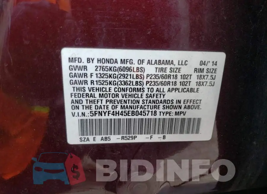 5FNYF4H45EB045718 Photo# 13
