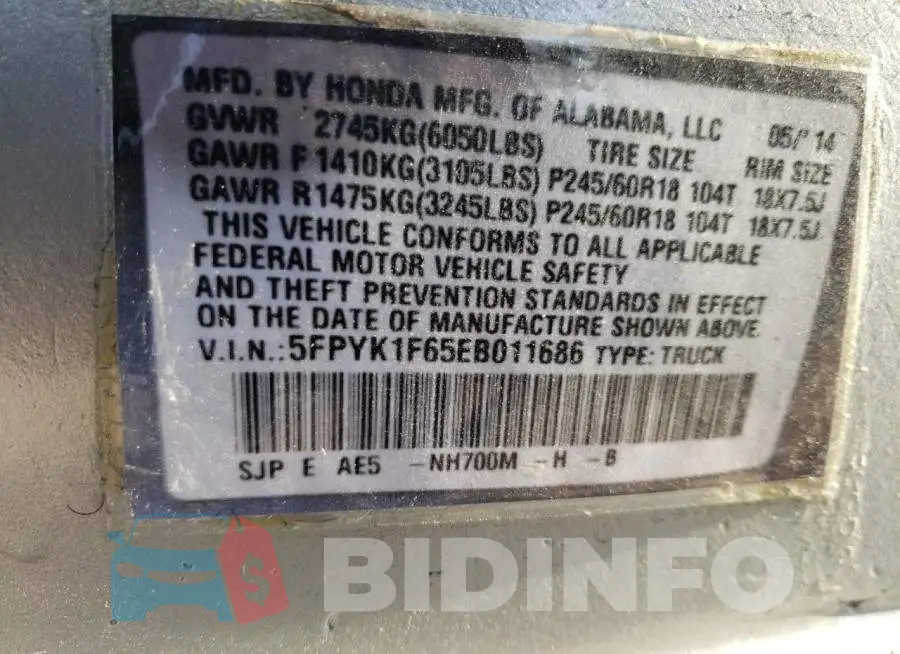 5FPYK1F65EB011686 Photo# 12